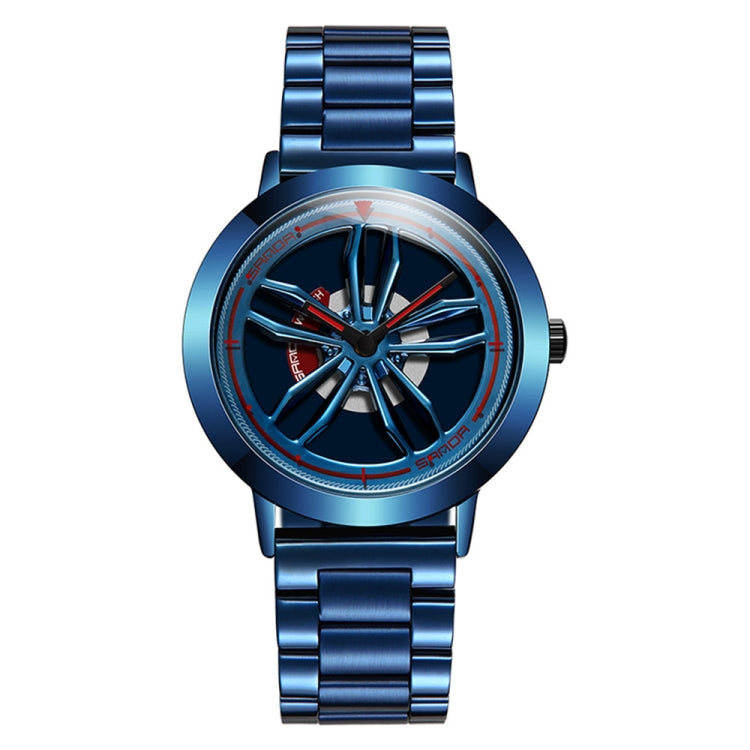 Blue stainless-steel watch with blue racing-wheel dial and silver links.