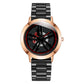 Rose-gold stainless-steel watch with black racing-wheel dial and red accents.