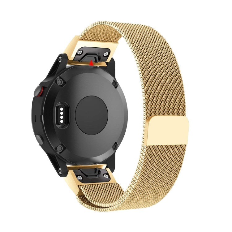 Golden milanese stainless steel watch band with magnetic clasp and black lugs