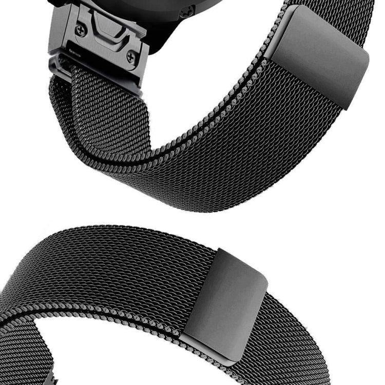 Black milanese stainless steel watch band link texture with clasp end detail