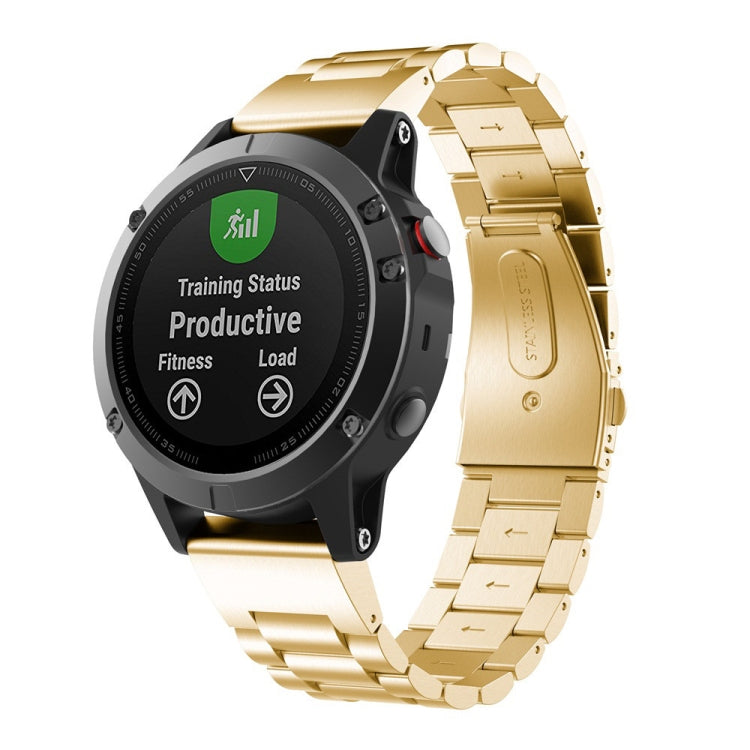Three-bead stainless steel watch band in gold with metal link segments