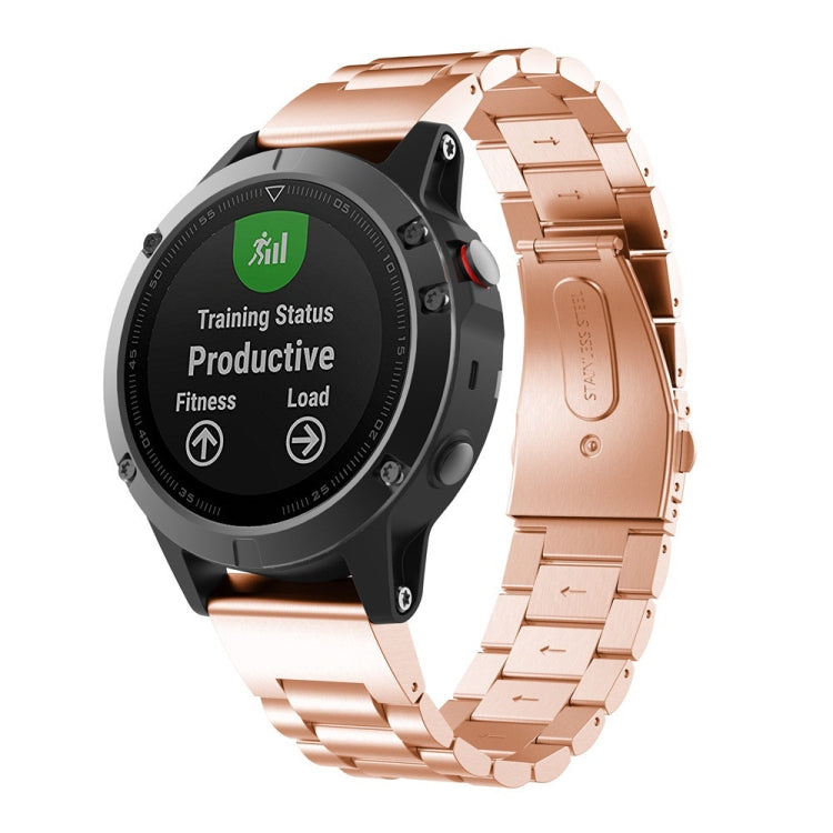 Three-bead stainless steel watch band in rose gold with connected metal links