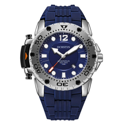 Men’s waterproof sports quartz watch with blue silicone strap and blue luminous dial.