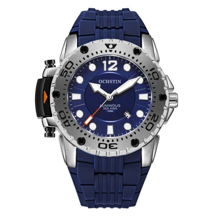 Round sports watch with stainless case, blue silicone band, and blue dial with markers.