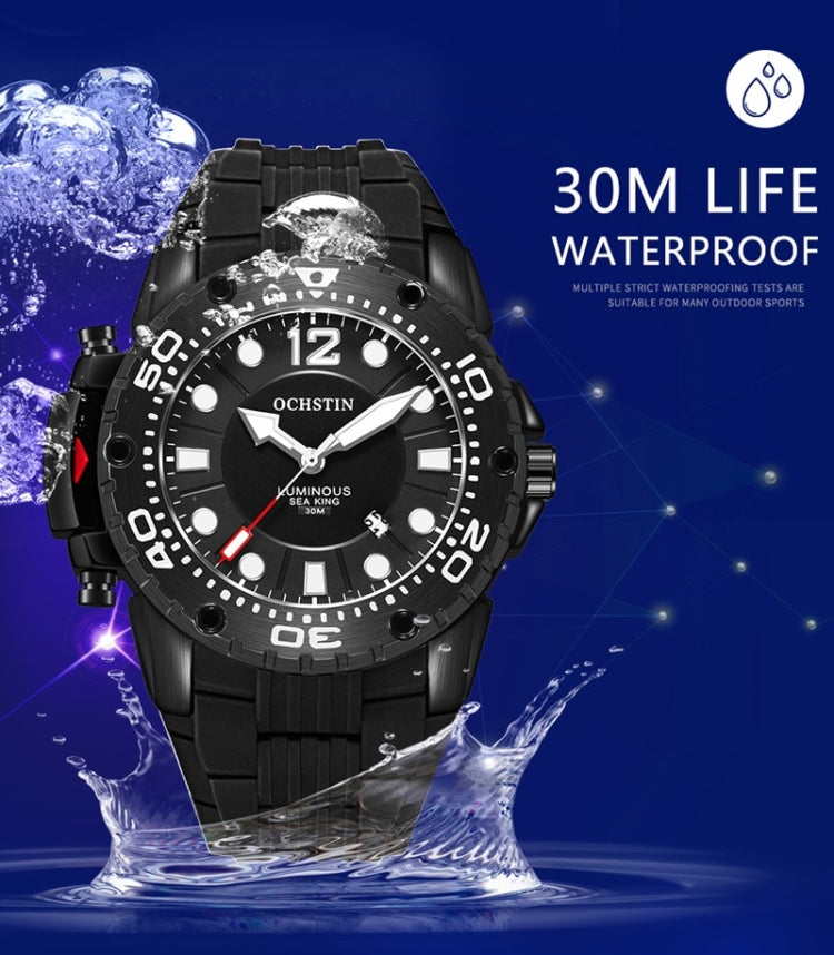 Men’s quartz sports watch with black dial and black silicone strap, chunky dive bezel