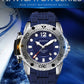 Men’s sports waterproof watch with blue silicone strap and blue dial with luminous markers.