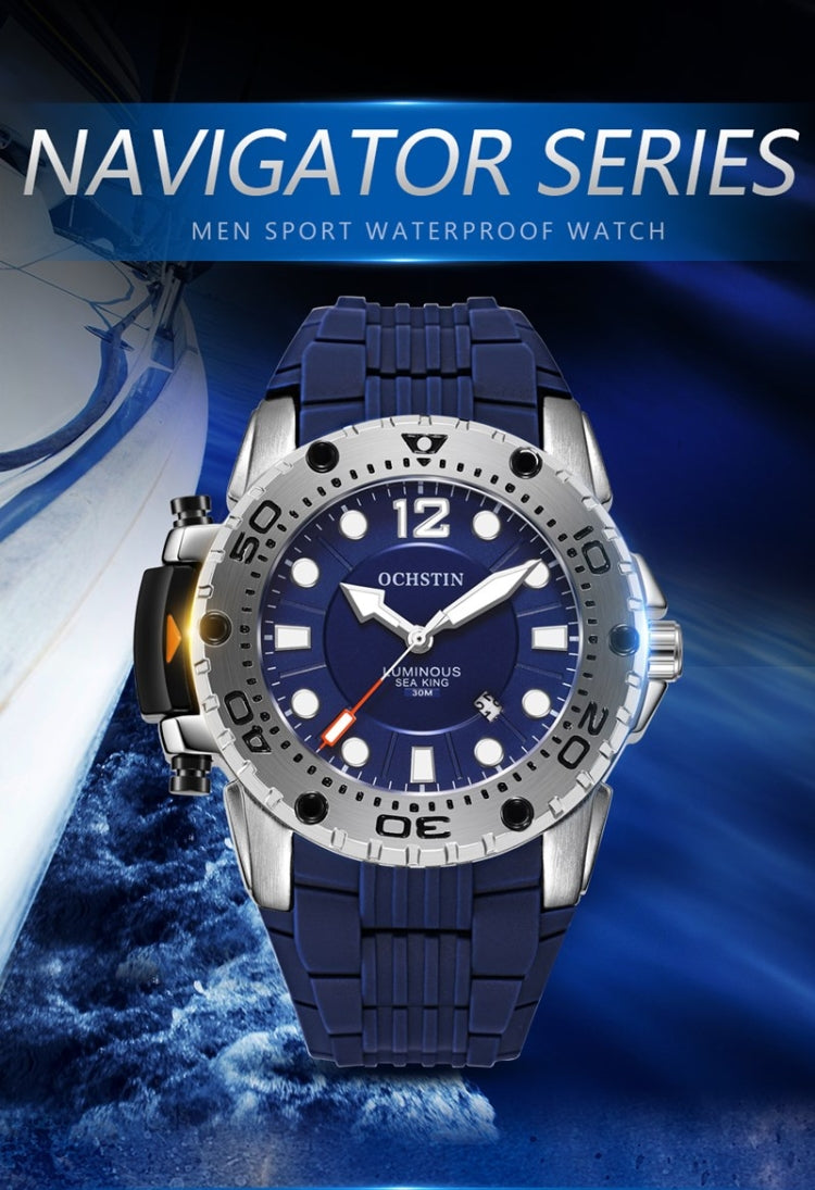 Men’s sports waterproof watch with blue silicone strap and blue dial with luminous markers.