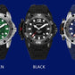 Three OCHSTIN sports watches with silicone straps in green, black, and blue.