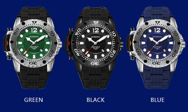 Three OCHSTIN sports watches with silicone straps in green, black, and blue.