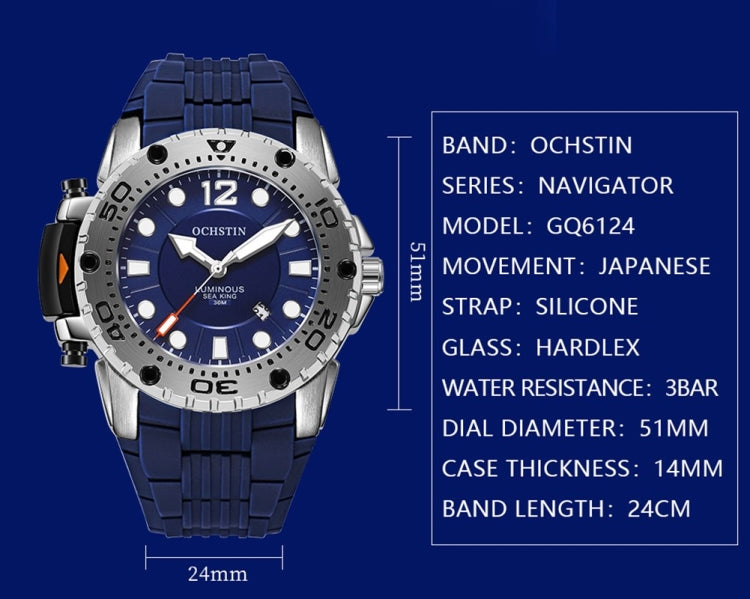Blue silicone sports watch with stainless case, blue dial, and bold 12-hour markers.