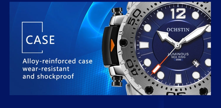 Rugged stainless steel watch case with blue silicone strap, angled side view.