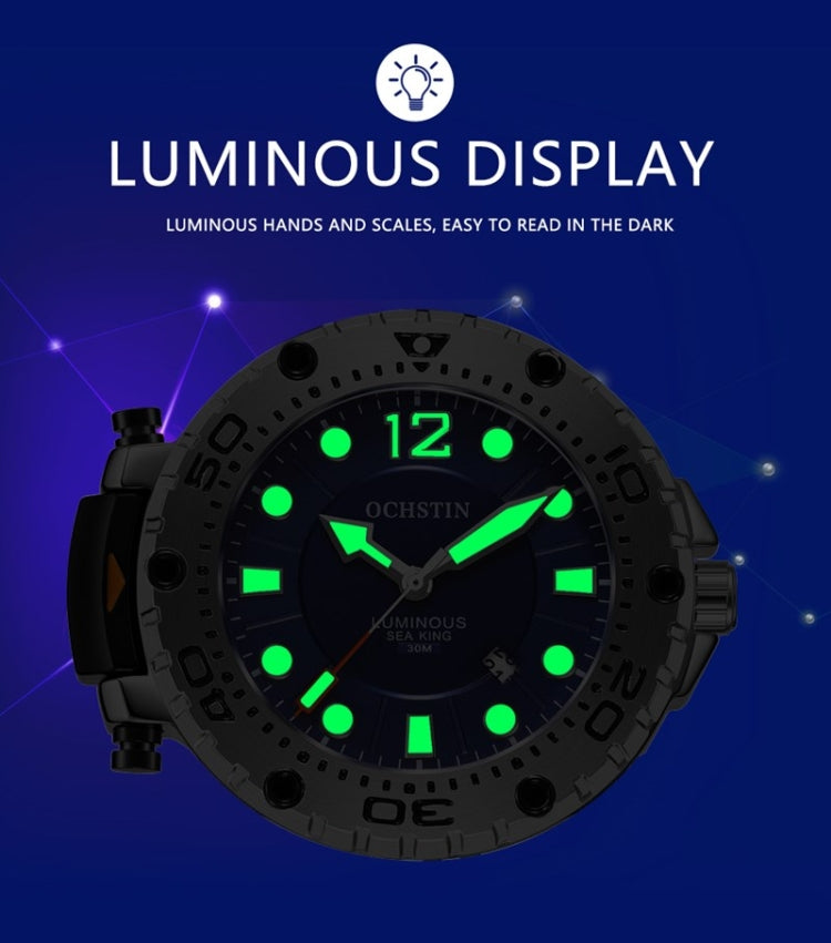 Blue dial sports watch showing luminous green hands and scales on dark bezel.