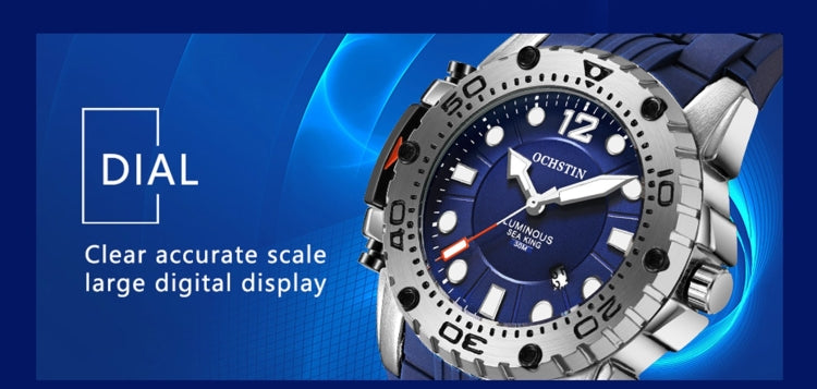 Blue dial sports watch with large clear numerals and white hands on stainless case.