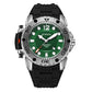 Men’s quartz sports watch with green dial and black silicone strap, round bezel