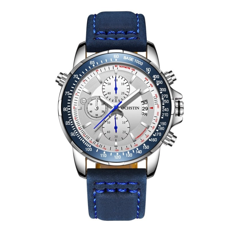 Men's quartz chronograph watch with blue leather strap and silver-tone case