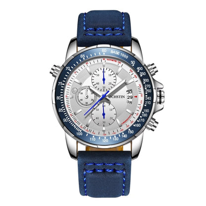 Men's quartz chronograph watch with blue leather strap and silver-tone case
