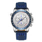Men's quartz chronograph watch with blue leather strap and silver-tone chronograph dial