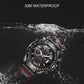 Men's quartz chronograph watch, black dial with red accents, 30M waterproof