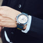 Men's quartz chronograph watch with blue leather strap and black bezel