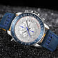 Men's quartz chronograph watch with blue leather band and blue-accented dial