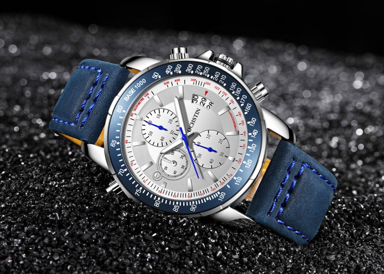 Men's quartz chronograph watch with blue leather band and blue-accented dial