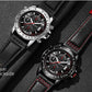 Men's quartz chronograph watch with black leather strap and red contrast stitching