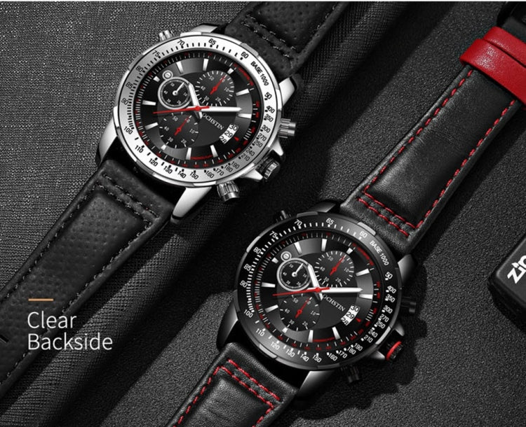 Men's quartz chronograph watch with black leather strap and red contrast stitching