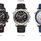 Men's quartz chronograph watches in three colors: black, silver-black, and blue
