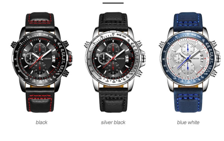 Men's quartz chronograph watches in three colors: black, silver-black, and blue