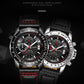 Men's quartz chronograph watch with black leather strap and red stitching
