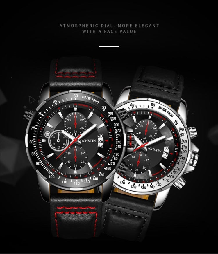 Men's quartz chronograph watch with black leather strap and red stitching