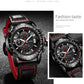 Men's quartz chronograph watch with red leather strap accents and black dial