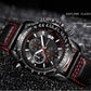 Men's quartz chronograph watch with black leather strap and red-stitched edge