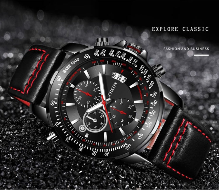 Men's quartz chronograph watch with black leather strap and red-stitched edge