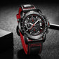 Men's quartz chronograph watch with black case and red leather strap