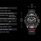 Quartz chronograph watch with black leather band and red stitching, round silver case