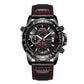 Men's quartz chronograph watch, black dial, black leather strap with red stitching