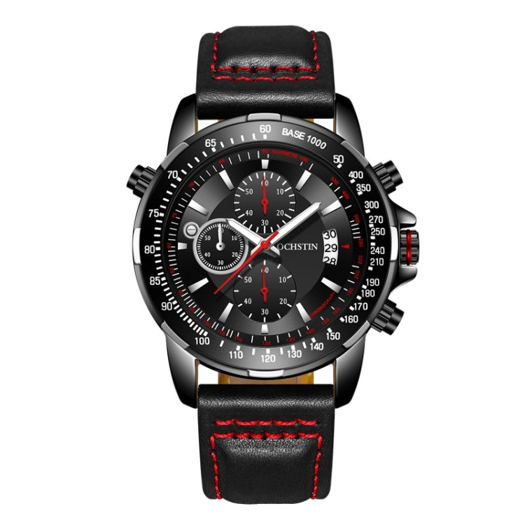 Men's quartz chronograph watch, black dial, black leather strap with red stitching