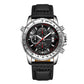Men's quartz chronograph watch, black dial, black leather strap with black stitching