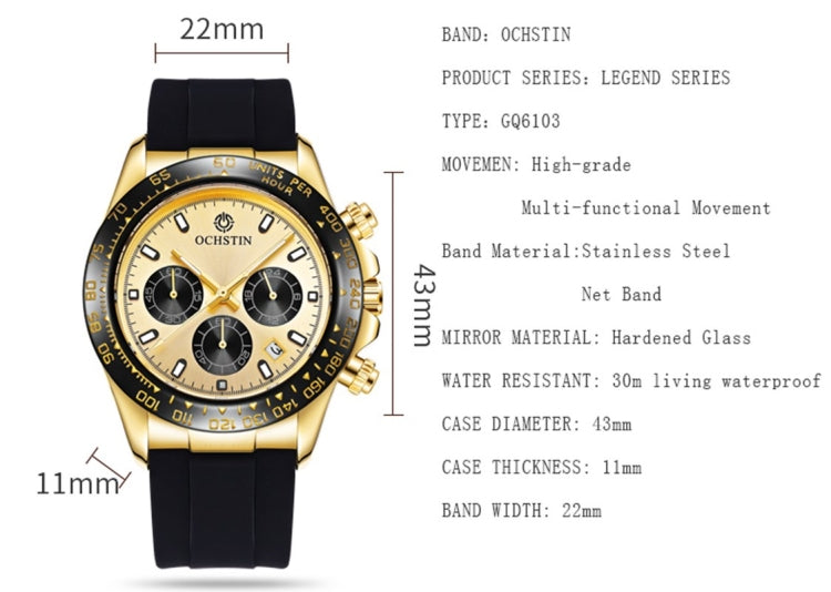 Gold-tone quartz wristwatch with black silicone strap, beige multi-dial face