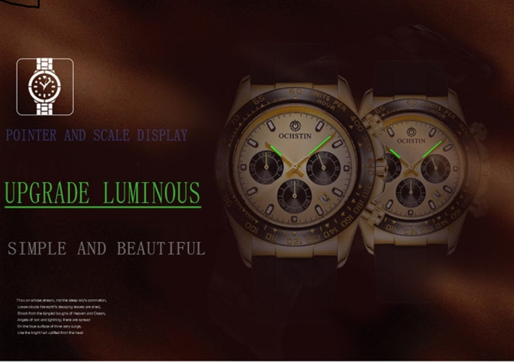 Gold-tone quartz wristwatch with black silicone strap and multi-dial luminous-style face