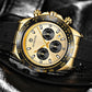 Gold-tone quartz chronograph on black strap with water droplets, white dial and subdials