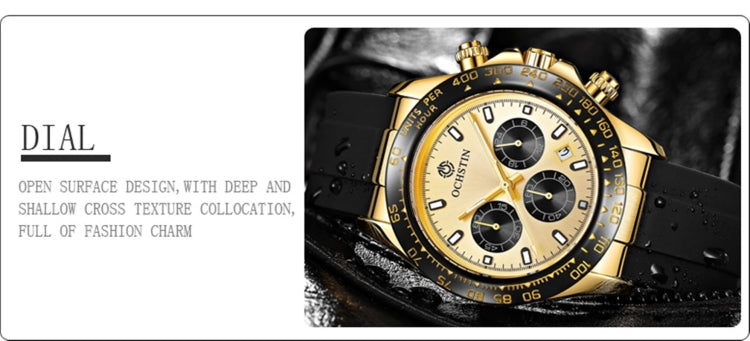 Gold-tone quartz chronograph watch with white dial, black subdials and hour markers
