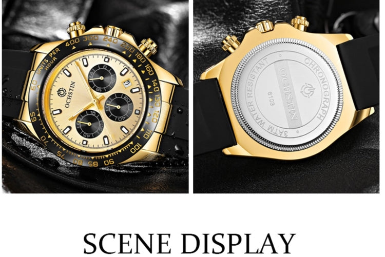 Gold quartz chronograph watch on black silicone strap, front dial and caseback views