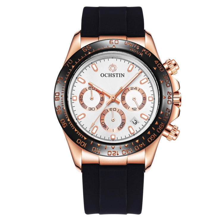 Rose-gold quartz wristwatch with black silicone strap, white multi-dial face with orange accents