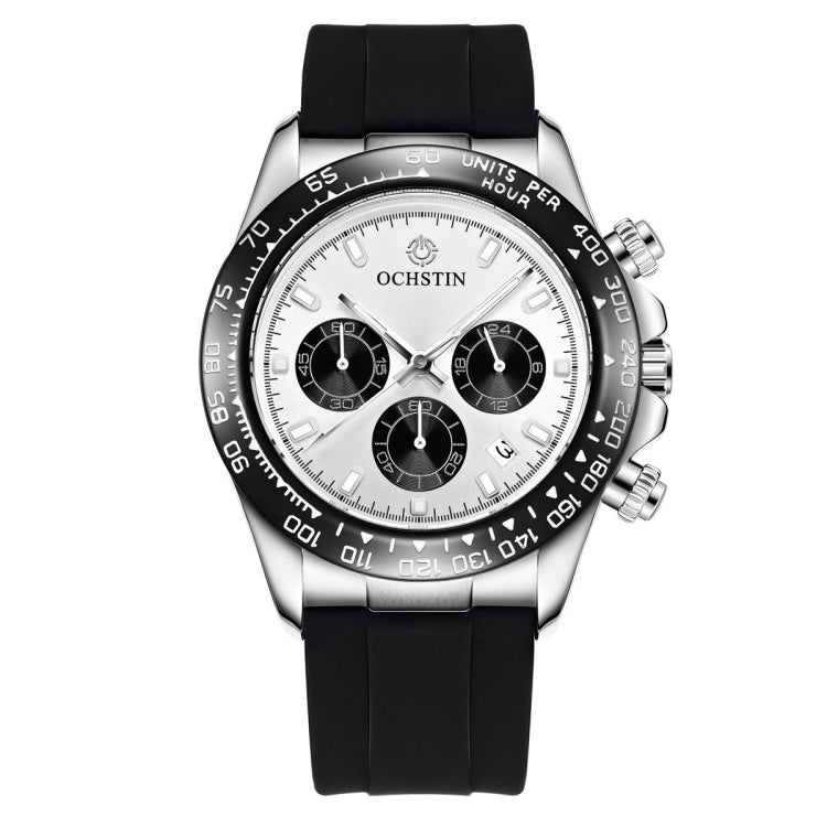 Silver-tone quartz wristwatch with black silicone strap, white multi-dial face with black subdials