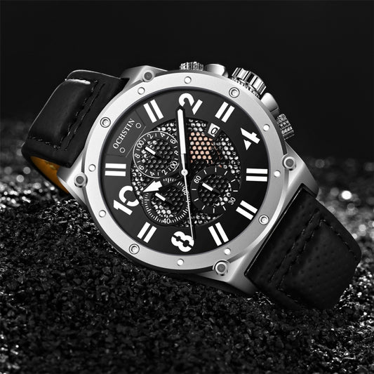 Silver-tone sport watch with black dial and black leather strap, round bezel with side buttons.