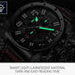 Black dial sports quartz watch with black leather strap, luminous green hands for low light.