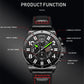Front view sports quartz watch with black dial and black leather strap with red stitching.