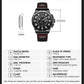 45mm sports quartz watch with black dial and black leather strap; side view and sizing shown.
